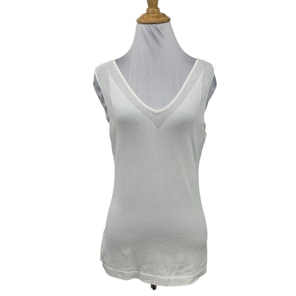Anne Klein Tank Top Womens S Small White V Neck Sleeveless Mesh Trim Stretch - Picture 1 of 12